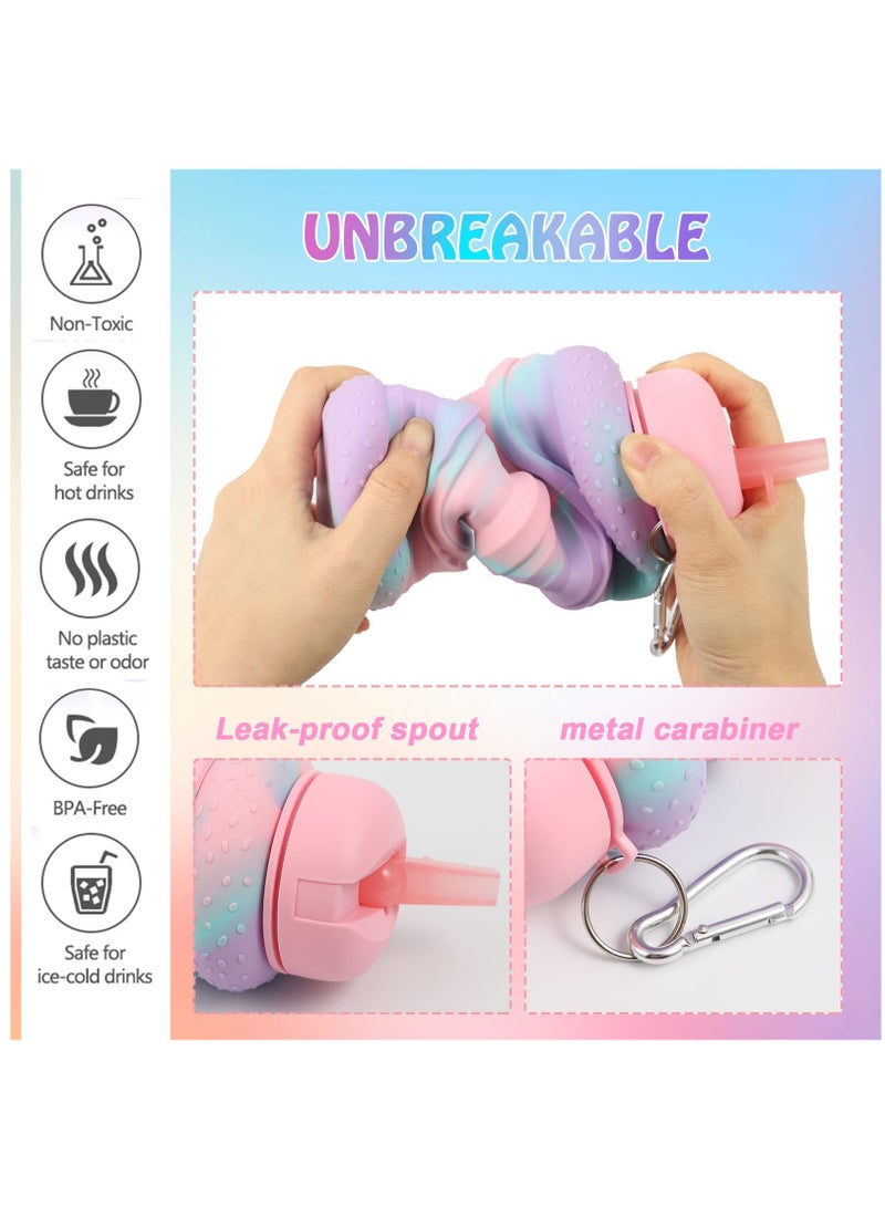 Water Bottle for Kids, Portable Foldable Silicone Water Bottles, Collapsible Leak Proof Drink Bottles with Lanyard Straps for Girls and boys, BPA Free(Pink) - Image 3